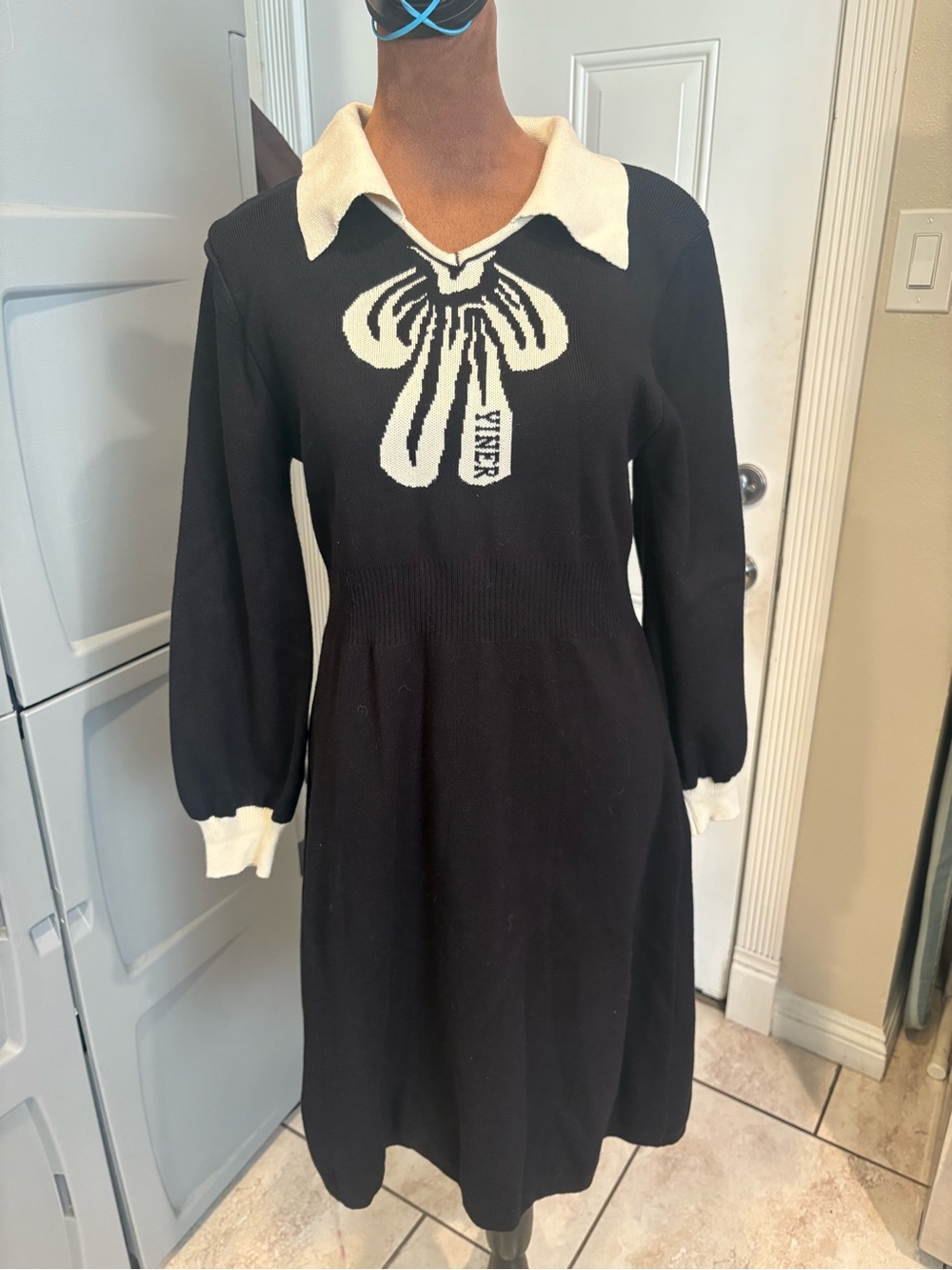 YINER Black and White Collared Midi Dress with Bow Motif